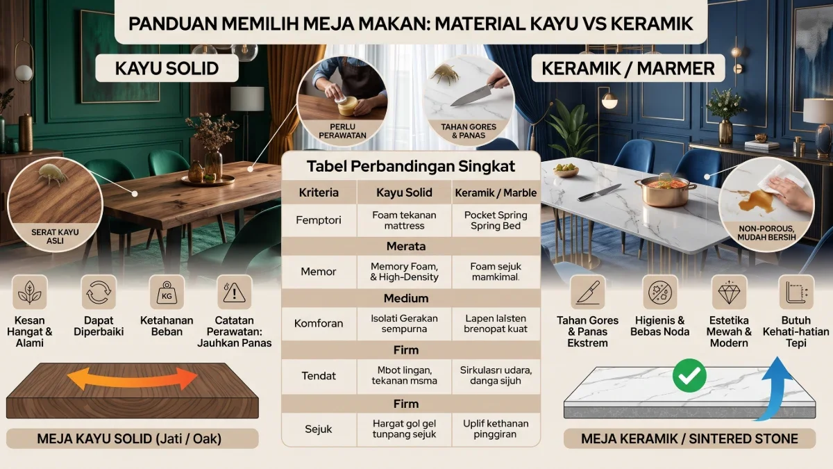 Panduan Memilih Meja Makan yang Tepat: Material Kayu Solid vs Keramik/Marmer
