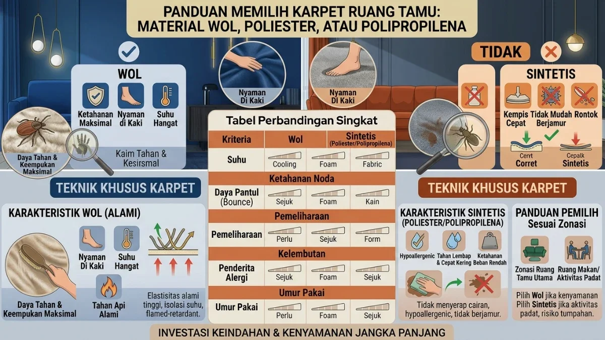 Panduan Memilih Karpet Ruang Tamu: Material Wol, Poliester, atau Polipropilena (Polypropylene)